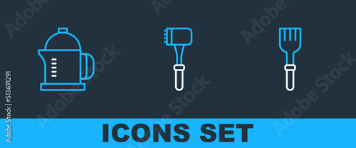 Set line Fork, French press and Kitchen hammer icon. Vector