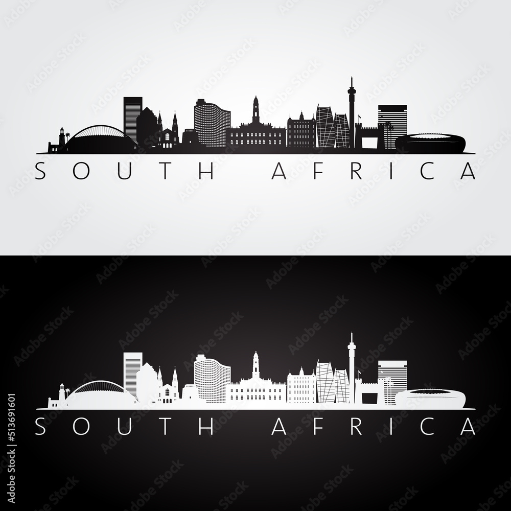 Fototapeta premium South Africa skyline and landmarks silhouette, black and white design, vector illustration.