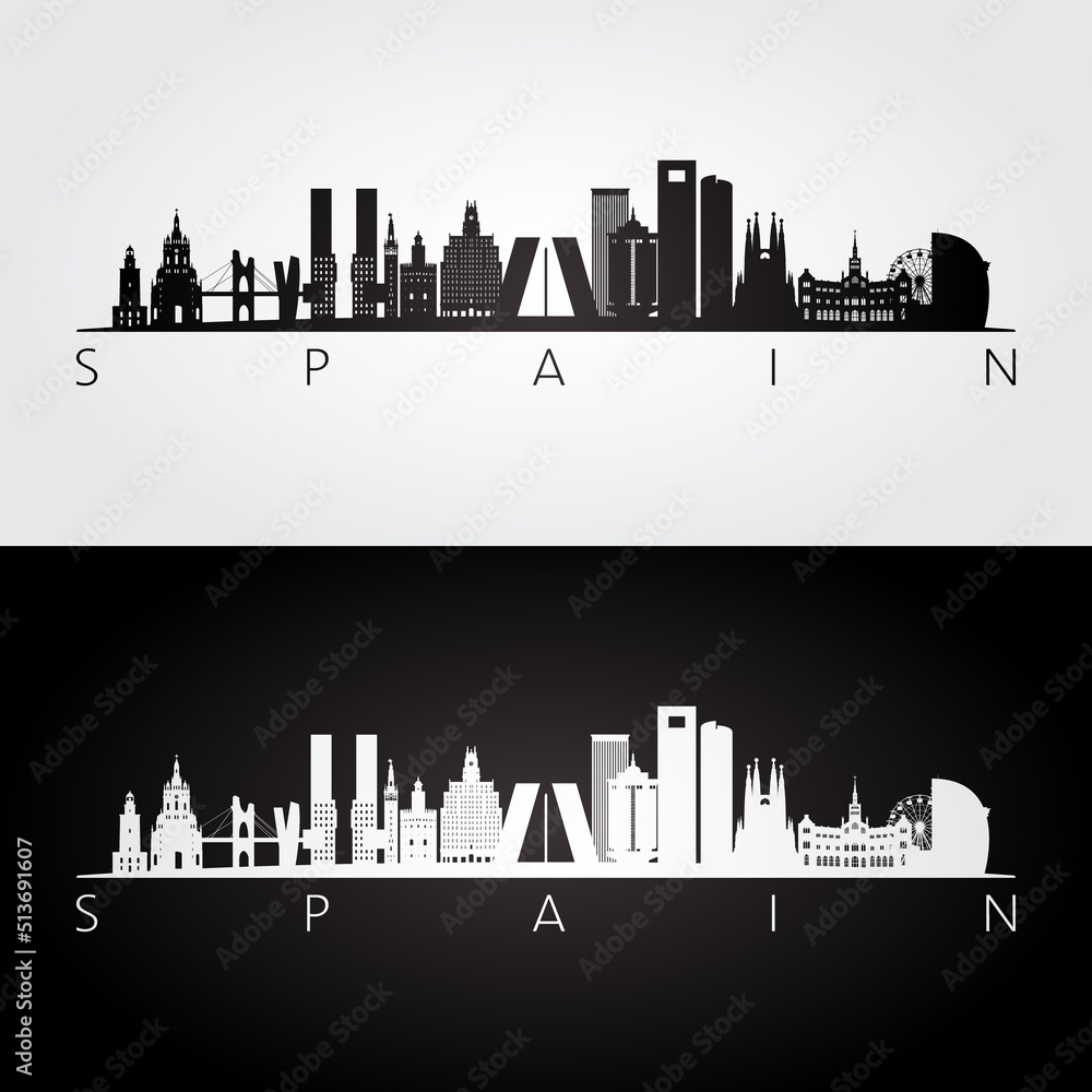 Spain skyline and landmarks silhouette, black and white design, vector illustration.