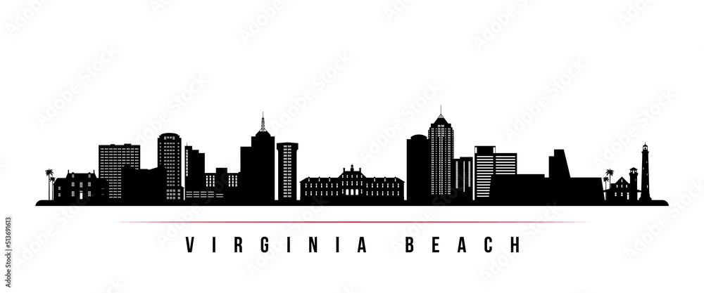 Virginia Beach skyline horizontal banner. Black and white silhouette of Virginia Beach, Virginia. Vector template for your design.