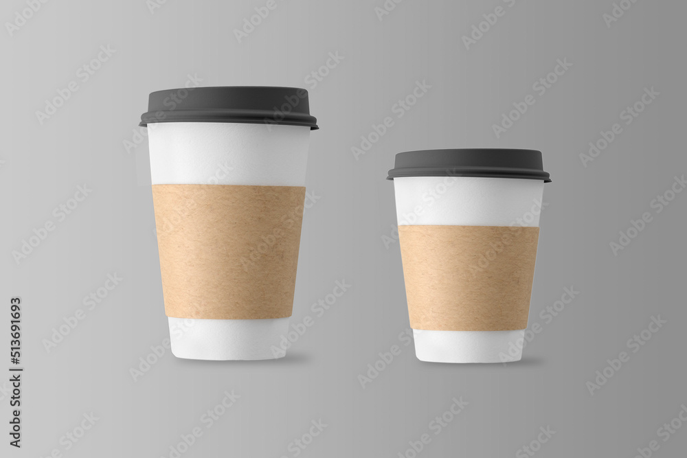 Two size of paper coffee cups take away, latte or cappuccino and americano disposable coffee cups to go. mockup isolated on a grey background. 3d rendering. zero waste and eco friendly. Two size of paper coffee cups take away, latte or cappuccino and americano disposable coffee cups to go. mockup isolated on a grey background. 3d rendering. zero waste and eco friendly.