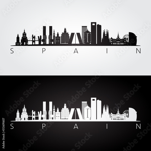 Spain skyline and landmarks silhouette, black and white design, vector illustration.