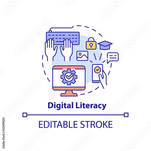 Digital literacy concept icon. Important life skill abstract idea thin line illustration. Educational technology. Isolated outline drawing. Editable stroke. Arial, Myriad Pro-Bold fonts used