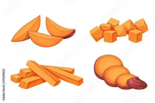 Sweet potato slices set, vegetable and food ingredient for cooking vector illustration. Cartoon isolated chopped pieces, wedges and cubes of yellow batat root, sliced raw potato tuber for frying