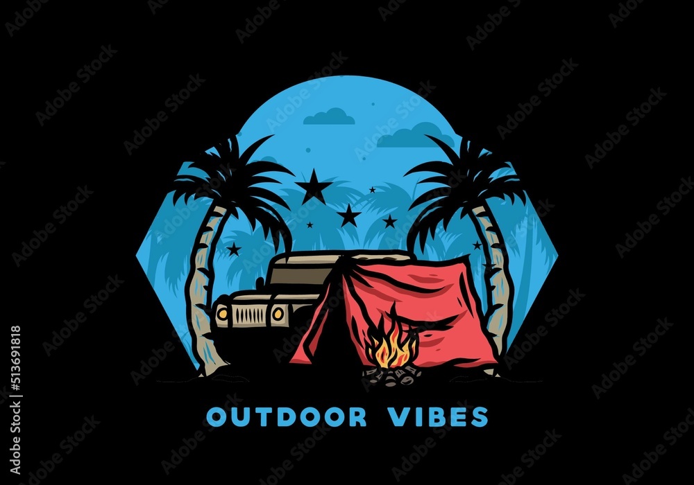 Camping tent in front of car between coconut tree illustration
