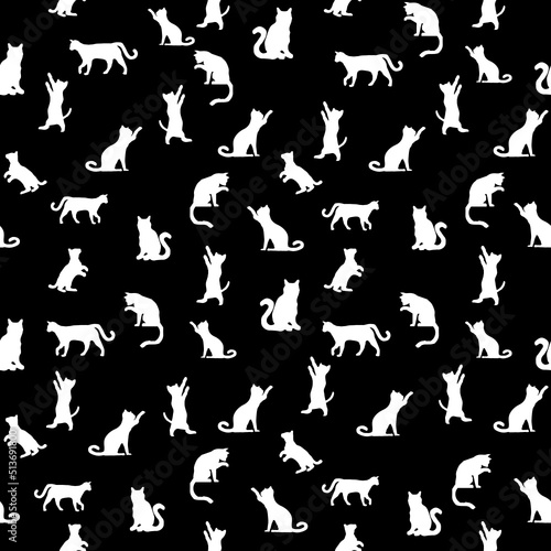 Set vector silhouettes of the cat, different poses, standing, jumping and sitting. Black and white cat seamless pattern on black background. Graphic design for decorating, wallpaper, fabric and etc.