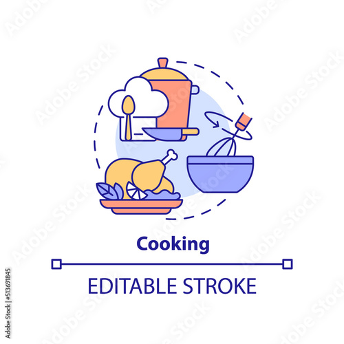 Cooking concept icon. Basic life skill abstract idea thin line illustration. Food preparation. Culinary art. Kitchen tips. Isolated outline drawing. Editable stroke. Arial, Myriad Pro-Bold fonts used