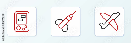 Set line Toy plane, Tetris electronic game and Dart arrow icon. Vector