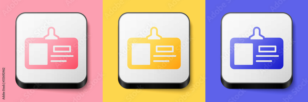 Isometric Identification badge icon isolated on pink, yellow and blue background. It can be used for presentation, identity of the company, advertising. Square button. Vector Isometric Identification badge icon isolated on pink, yellow and blue background. It can be used for presentation, identity of the company, advertising. Square button. Vector