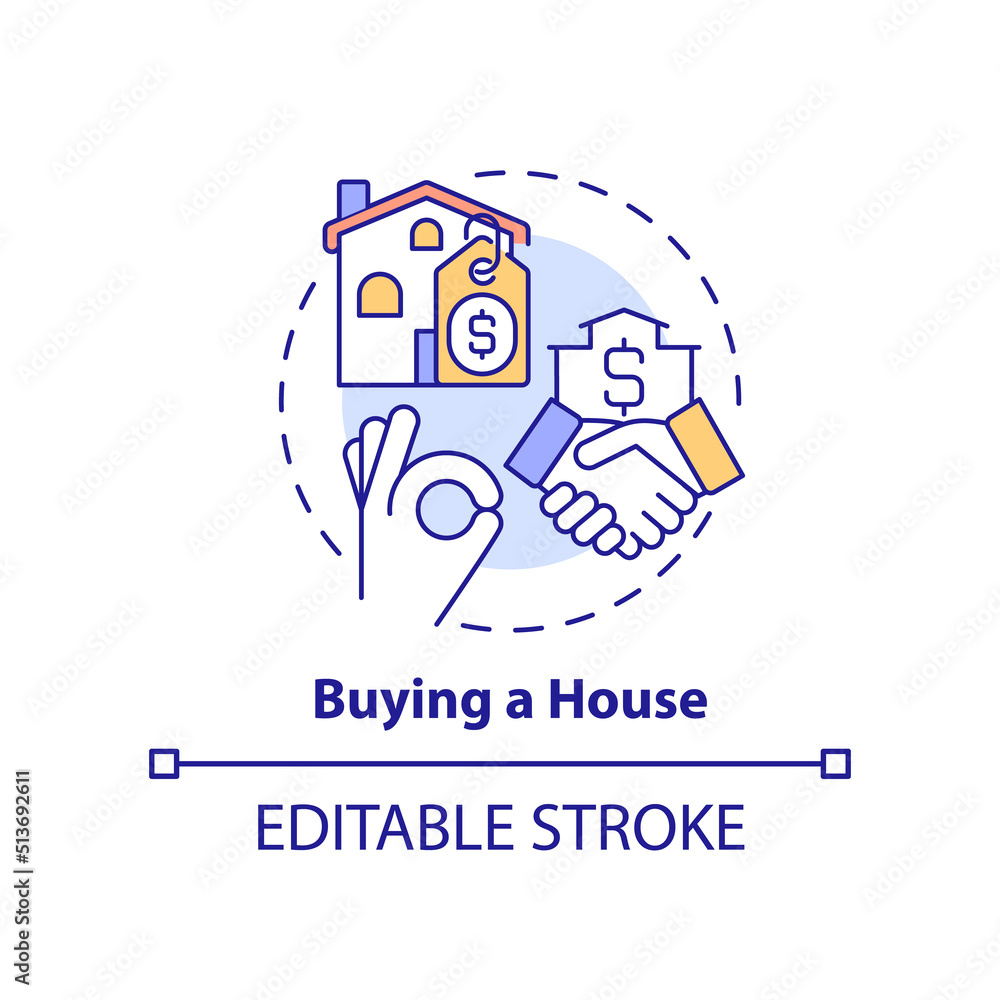 Buying house concept icon. Life skill abstract idea thin line illustration. Homebuying process. First-time house purchase. Isolated outline drawing. Editable stroke. Arial, Myriad Pro-Bold fonts used Buying house concept icon. Life skill abstract idea thin line illustration. Homebuying process. First-time house purchase. Isolated outline drawing. Editable stroke. Arial, Myriad Pro-Bold fonts used