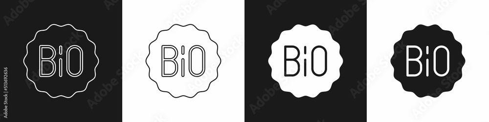 Set Banner, label, tag, logo for bio green healthy food icon isolated on black and white background. Organic product. Healthy food sticker. Vector