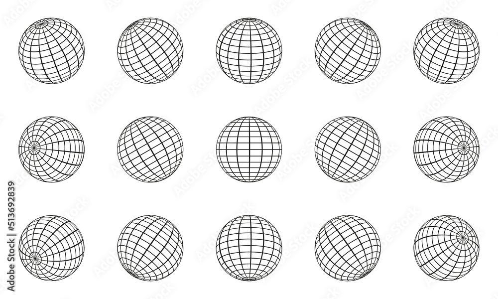 Globe Grid Sphere Set. 3D Wire Global Earth Latitude, Longitude. Geometric Grid Globe. Wired Line 3D Planet Globe. Round Grid Mesh Ball. Wireframe Globe Surface. Isolated Vector Illustration