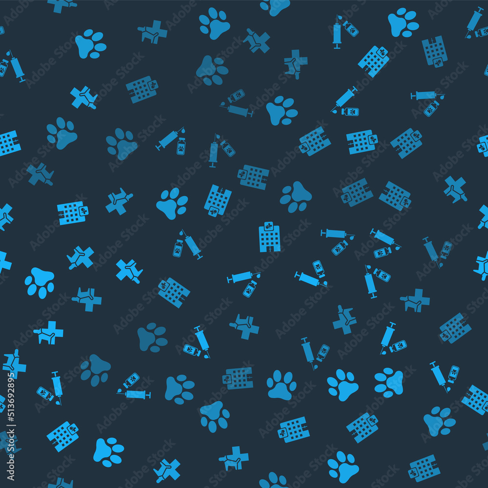 Set Paw print, Syringe with pet vaccine, Veterinary medicine hospital and clinic on seamless pattern. Vector Set Paw print, Syringe with pet vaccine, Veterinary medicine hospital and clinic on seamless pattern. Vector