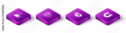 Set Isometric DNA research, search, Genetic engineering, Bioengineering and Magnet with lightning icon. Vector