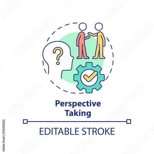 Perspective taking concept icon. Life skill to teach kids abstract idea thin line illustration. Communication improvement. Isolated outline drawing. Editable stroke. Arial, Myriad Pro-Bold fonts used