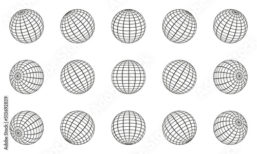Globe Grid Sphere Set. 3D Wire Global Earth Latitude, Longitude. Geometric Grid Globe. Wired Line 3D Planet Globe. Round Grid Mesh Ball. Wireframe Globe Surface. Isolated Vector Illustration