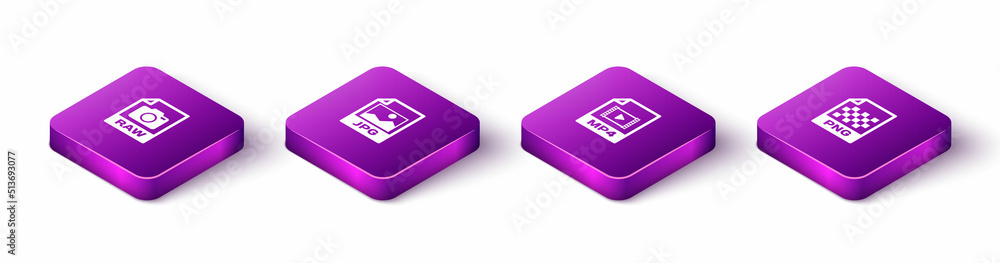 Set Isometric RAW file document, JPG, MP4 and PNG icon. Vector Set Isometric RAW file document, JPG, MP4 and PNG icon. Vector