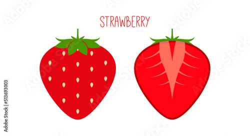 Ripe strawberries with leaves outside and cut isolated on white. Colored fruit icon. Vector illustration.