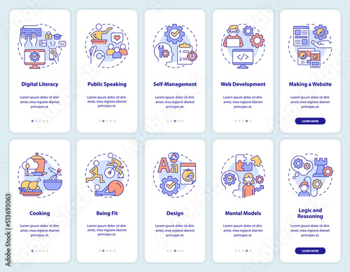 Important life skills onboarding mobile app screen set. Learning walkthrough 5 steps editable graphic instructions with linear concepts. UI, UX, GUI template. Myriad Pro-Bold, Regular fonts used
