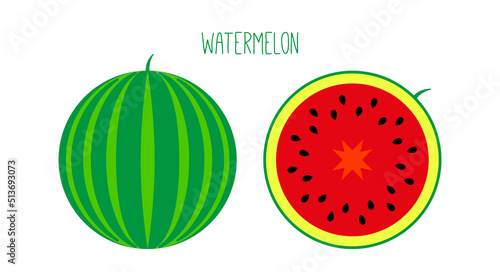 Ripe striped watermelon with tail and seeds outside and cut isolated on white. Colored fruit icon. Vector illustration.