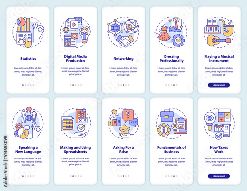 Important skills for life onboarding mobile app screen set. Competence walkthrough 5 steps editable graphic instructions with linear concepts. UI, UX, GUI template. Myriad Pro-Bold, Regular fonts used