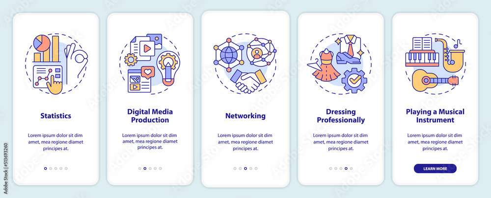 Professional skills onboarding mobile app screen. Career walkthrough 5 steps editable graphic instructions with linear concepts. UI, UX, GUI template. Myriad Pro-Bold, Regular fonts used