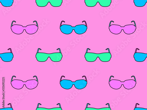 Seamless pattern sunglasses. Colorful sunglasses on a pink background. Glasses design for posters, banners and promotional materials. Vector illustration