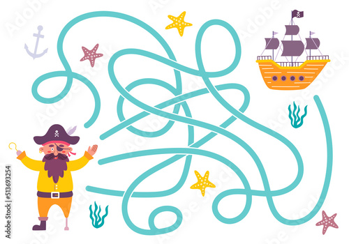 Labyrinth, help the pirate find the right way to the ship. Logical quest for children. Cute illustration for children's books, educational game