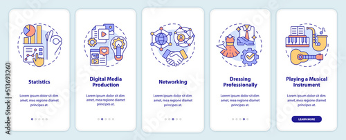 Professional skills onboarding mobile app screen. Career walkthrough 5 steps editable graphic instructions with linear concepts. UI, UX, GUI template. Myriad Pro-Bold, Regular fonts used