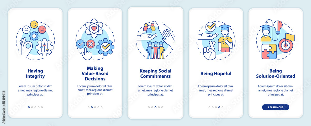 Naklejka premium Skills for students onboarding mobile app screen. Efficiency education walkthrough 5 steps editable graphic instructions with linear concepts. UI, UX, GUI template. Myriad Pro-Bold, Regular fonts used