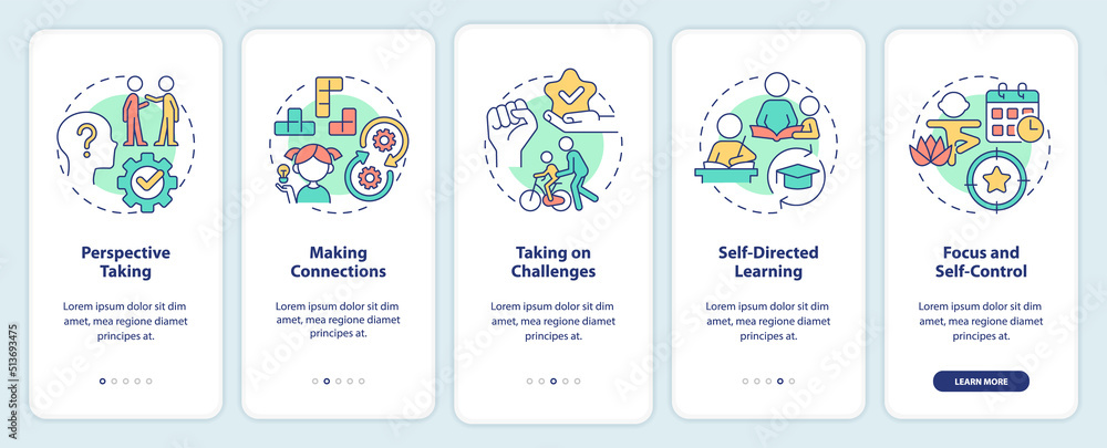 Skills for kids onboarding mobile app screen. Children development walkthrough 5 steps editable graphic instructions with linear concepts. UI, UX, GUI template. Myriad Pro-Bold, Regular fonts used