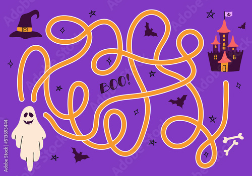 Labyrinth, help the ghost find the right way to the castle. Logical quest for children. Cute illustration for childrens books, educational game