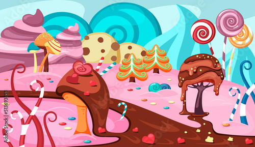 sweet caramel background. cartoon fantasy landscape with sweets caramel bushes and trees. Vector fairytale landscape