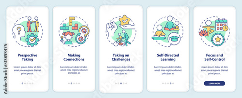 Skills for kids onboarding mobile app screen. Children development walkthrough 5 steps editable graphic instructions with linear concepts. UI, UX, GUI template. Myriad Pro-Bold, Regular fonts used