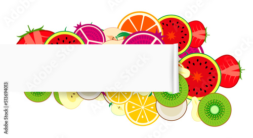 Colored chaotic fruit slices background isolated on white with paper scroll. Ready banner template. Vector illustration.