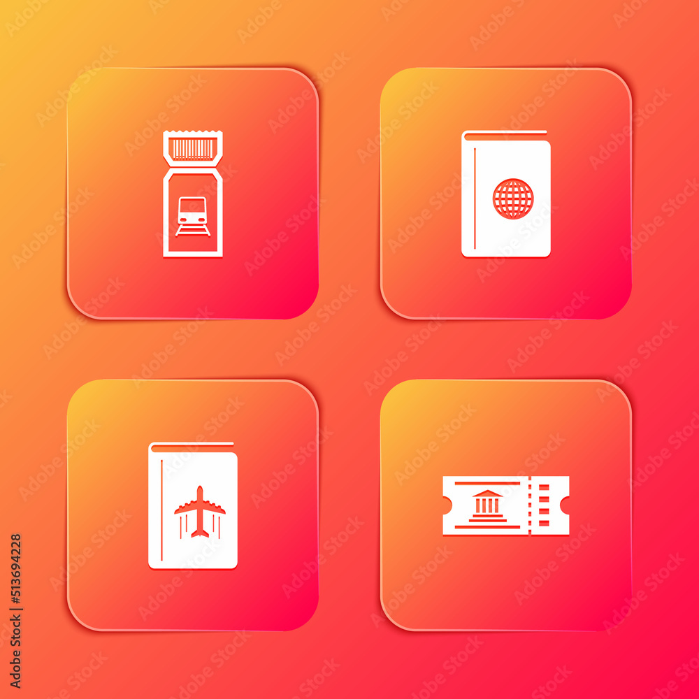 Set Train ticket, Cover book travel guide, and Museum icon. Vector Set Train ticket, Cover book travel guide, and Museum icon. Vector