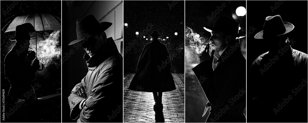 Collage of photos in noir style with a man in raincoat and hat in the rain with an umbrella with a cigarette in night city - obrazy, fototapety, plakaty 