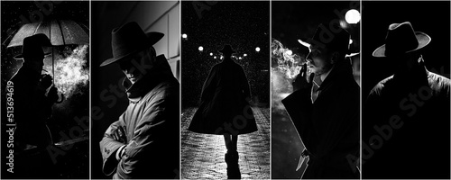 Collage of photos in noir style with a man in raincoat and hat in the rain with an umbrella with a cigarette in night city photo