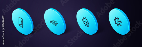 Set Isometric Sun and snowflake, UV protection, Rainbow with cloud and Meteorology thermometer icon. Vector