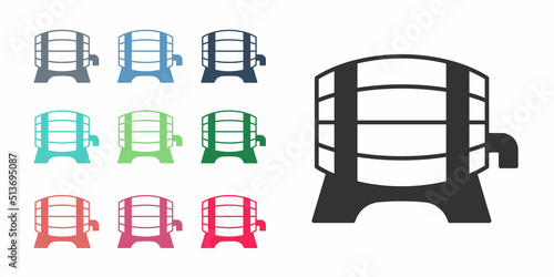 Black Wooden barrel on rack with stopcock icon isolated on white background. Set icons colorful. Vector