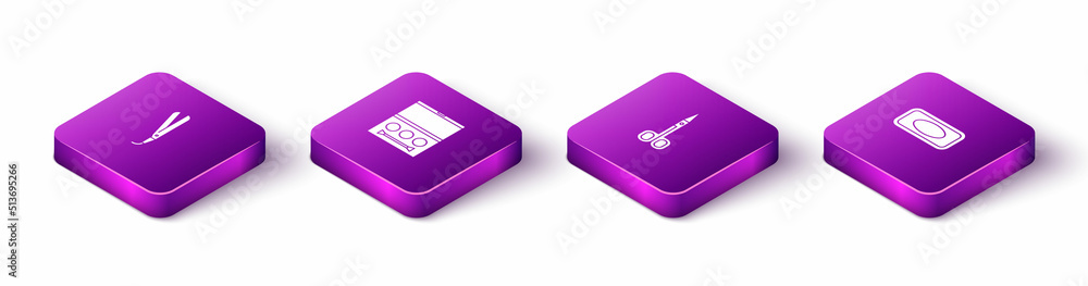 Set Isometric Curling iron, Eye shadow palette, Scissors and Bar of soap icon. Vector Set Isometric Curling iron, Eye shadow palette, Scissors and Bar of soap icon. Vector