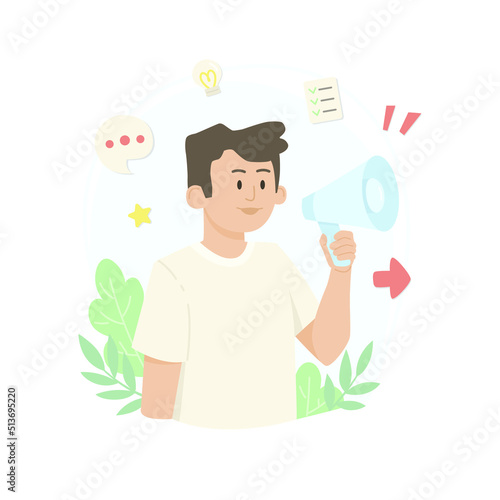 Man with a megaphone. Advertising campaign, elections, voting and agitation, offer and management, protests and activism. Vector illustration design