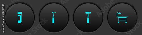 Set Test tube with blood, Tooth drill, Neurology reflex hammer and Operating table icon. Vector