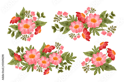 Beautiful watercolor vector flower illustration arrangements, botanical laurel, and floral bunch set