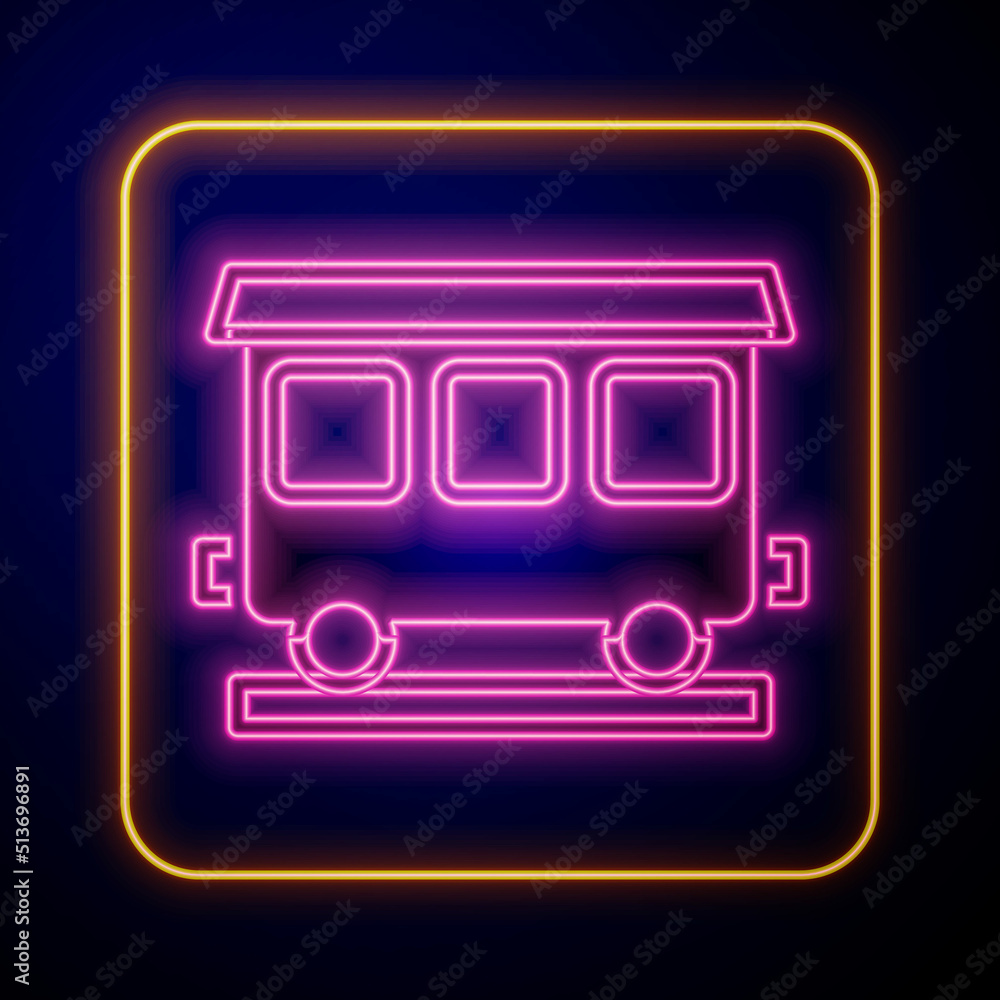 Glowing neon Passenger train cars icon isolated on black background. Railway carriage. Vector Glowing neon Passenger train cars icon isolated on black background. Railway carriage. Vector