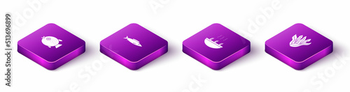 Set Isometric Puffer fish, Fish, Soup with shrimps and Seaweed icon. Vector