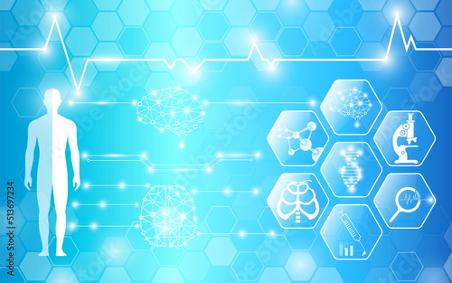 abstract background technology concept in blue light,brain and human body heal ,technology modern medical science in future and global international medical with tests analysis clone DNA human