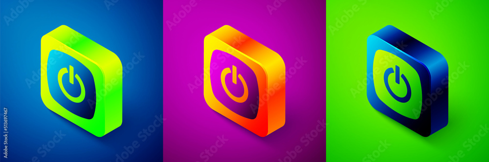 Fototapeta premium Isometric Power button icon isolated on blue, purple and green background. Start sign. Square button. Vector