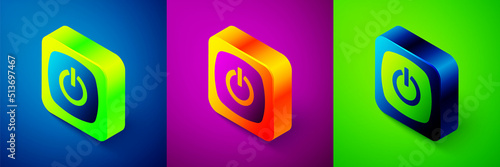 Isometric Power button icon isolated on blue, purple and green background. Start sign. Square button. Vector