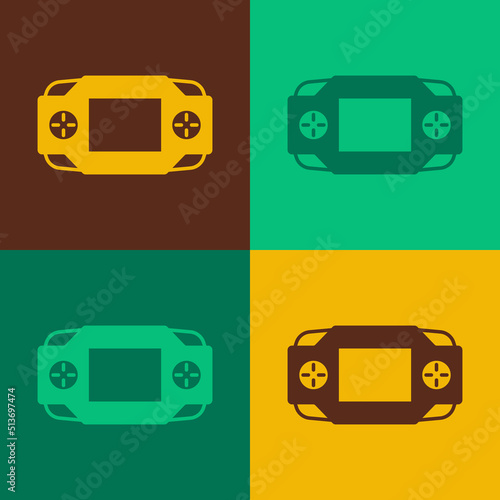 Pop art Portable video game console icon isolated on color background. Handheld console gaming. Vector